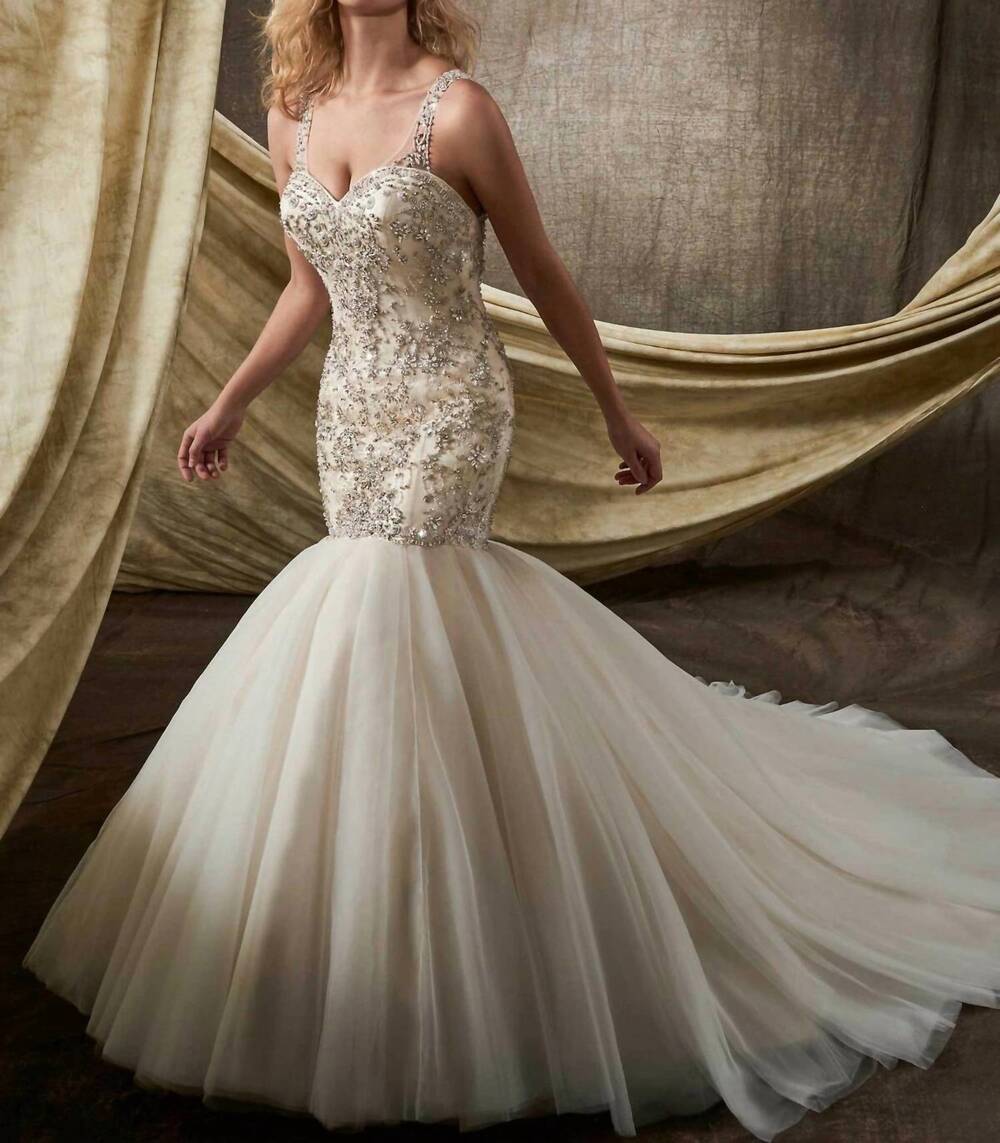 NEW MARY'S BRIDAL mermaid crystal beaded dress in ivory